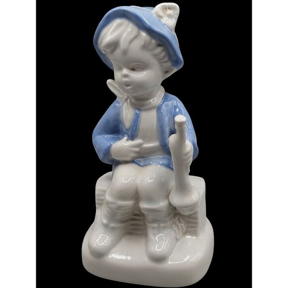 Unsigned Boy With Flute Figurine Blue White Glossy Porcelain 5.5" Vintage - Picture 1 of 12